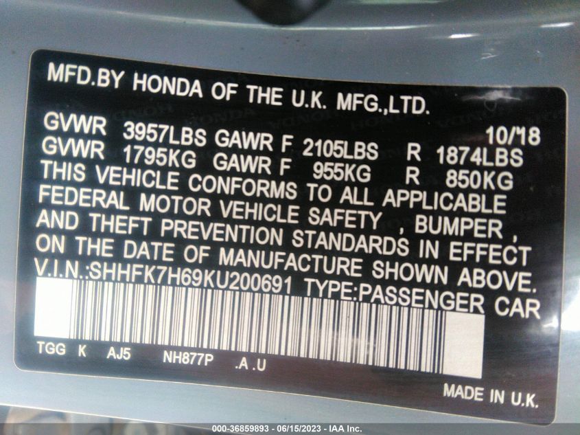 2019 HONDA CIVIC HATCHBACK EX - SHHFK7H69KU200691