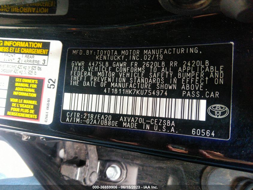 2019 TOYOTA CAMRY L/LE/XLE/SE/XSE - 4T1B11HK7KU754974