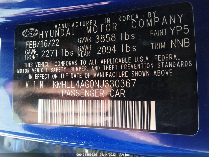 VIN KMHLL4AG0NU330367 2022 HYUNDAI ELANTRA SE