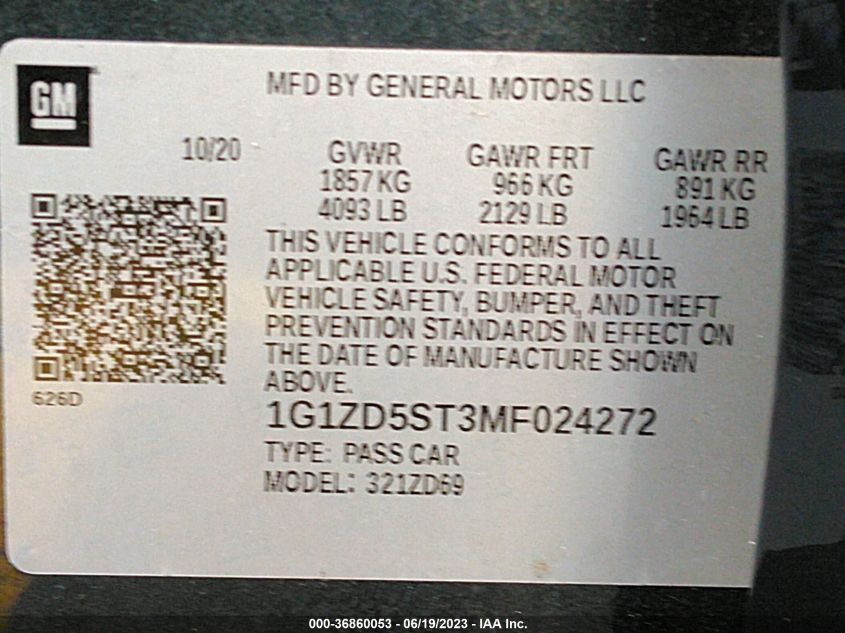 2021 CHEVROLET MALIBU LT - 1G1ZD5ST3MF024272