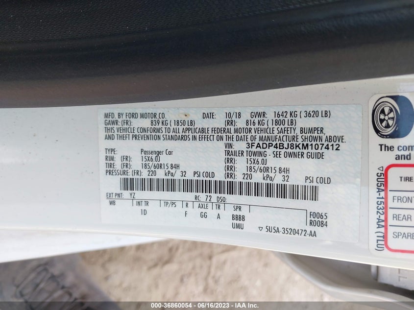 VIN 3FADP4BJ8KM107412 2019 FORD FIESTA SE