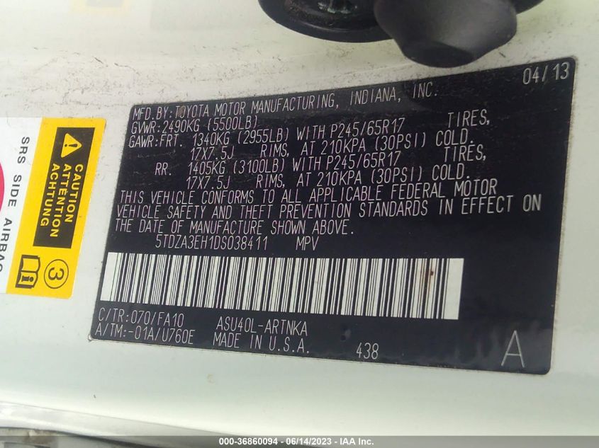 2013 TOYOTA HIGHLANDER - 5TDZA3EH1DS038411