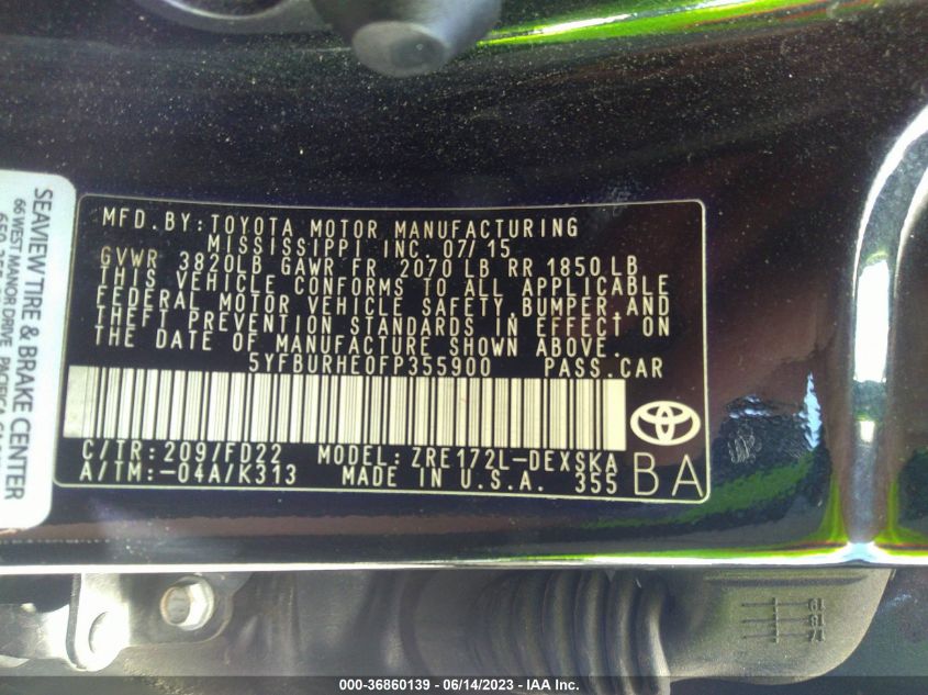 2015 TOYOTA COROLLA L/LE/S/S PLUS/LE PLUS - 5YFBURHE0FP355900