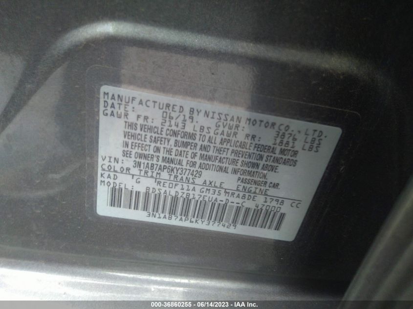 2019 NISSAN SENTRA SV - 3N1AB7AP6KY377429
