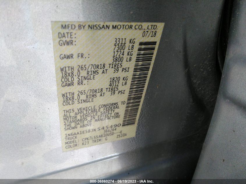 2018 NISSAN TITAN SV - 1N6AA1E58JN545490