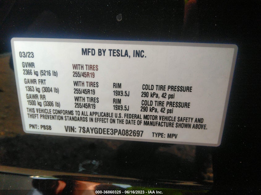 VIN 7SAYGDEE3PA082697 2023 TESLA MODEL Y LONG RANGE