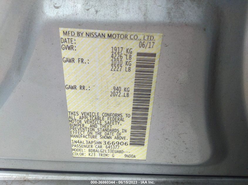 2017 NISSAN ALTIMA 2.5 S - 1N4AL3AP5HN366906