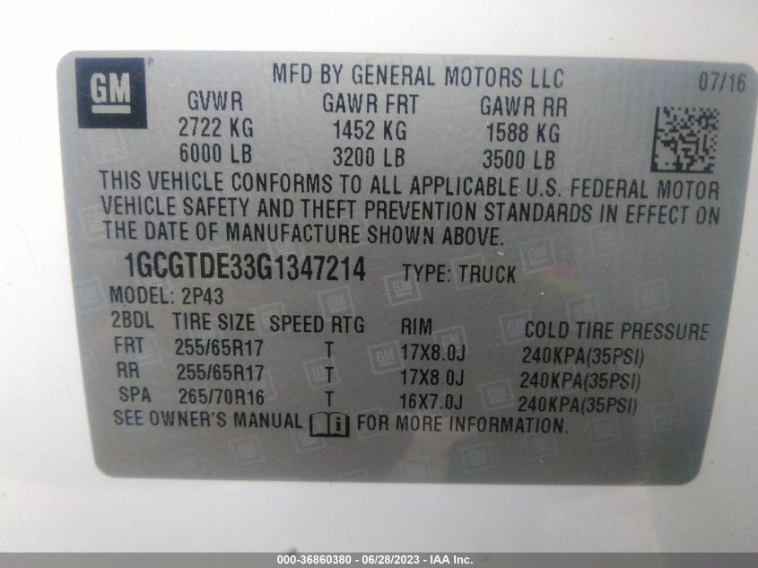 2016 CHEVROLET COLORADO 4WD Z71 - 1GCGTDE33G1347214