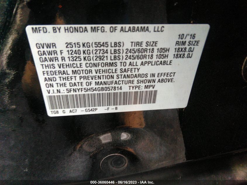 2016 HONDA PILOT EX-L - 5FNYF5H54GB057814