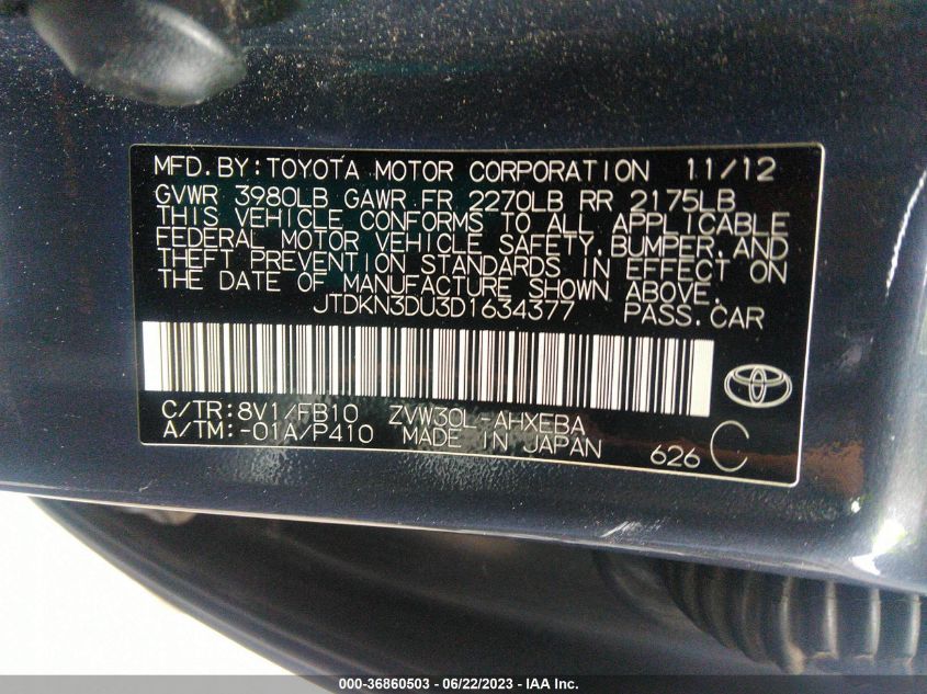 2013 TOYOTA PRIUS ONE/TWO/THREE/FOUR/FIVE - JTDKN3DU3D1634377