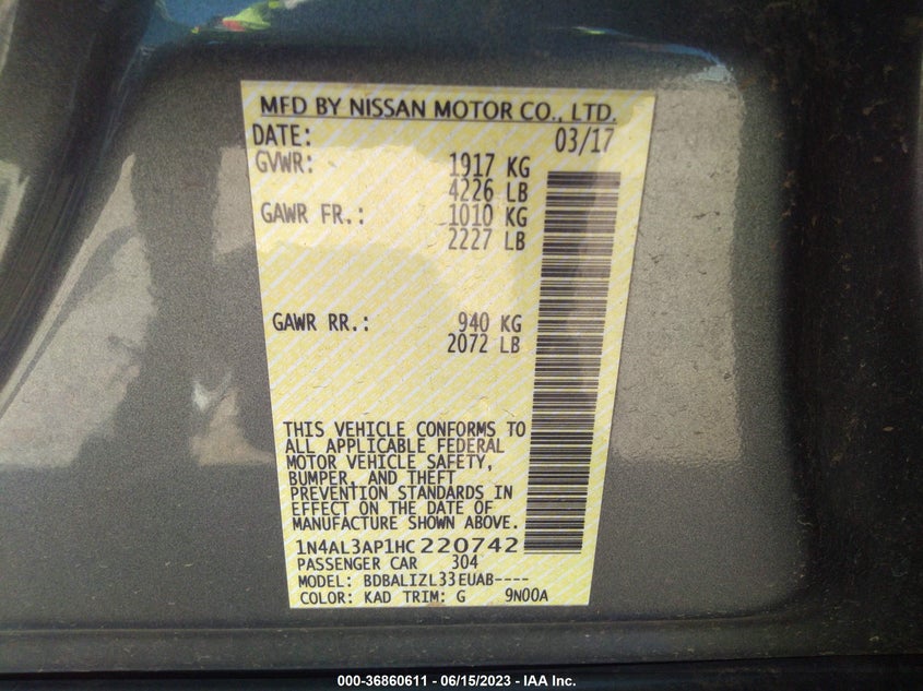 VIN 1N4AL3AP1HC220742 2017 NISSAN ALTIMA 2.5/S/SV/SL/SR