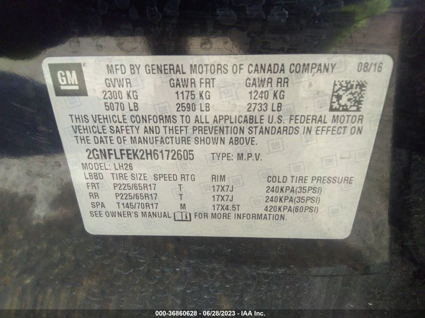 2017 CHEVROLET EQUINOX LT - 2GNFLFEK3H6172605
