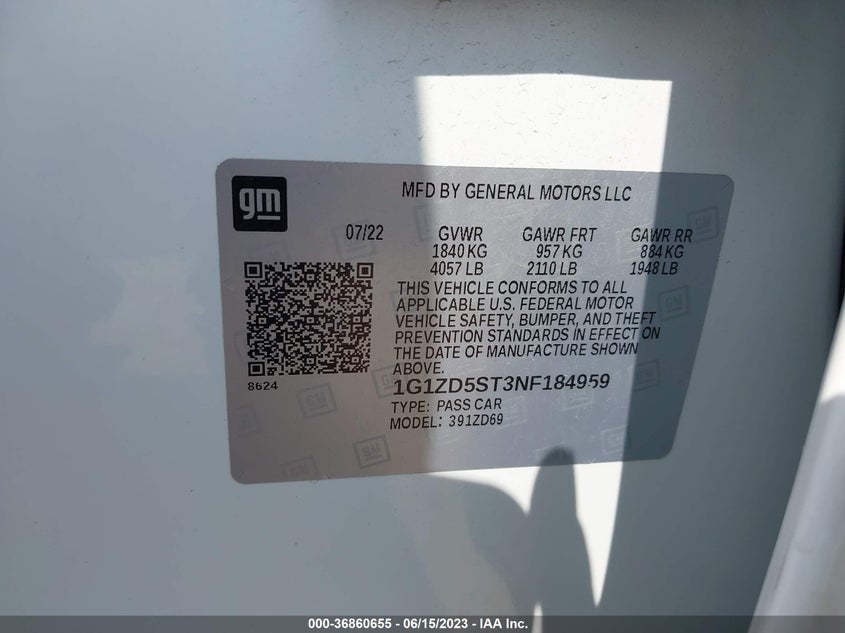 VIN 1G1ZD5ST3NF184959 2022 CHEVROLET MALIBU LT