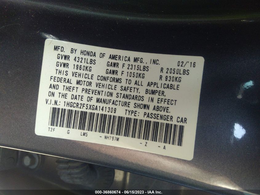 2016 HONDA ACCORD SEDAN SPORT - 1HGCR2F5XGA141309