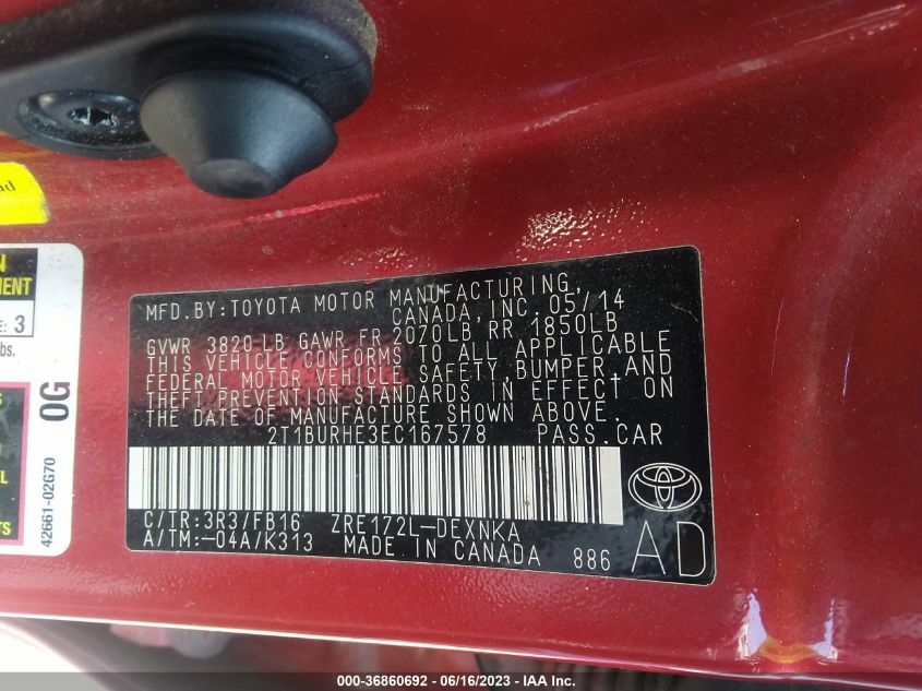 2014 TOYOTA COROLLA L/LE/S/S PLUS/LE PLUS - 2T1BURHE3EC167578