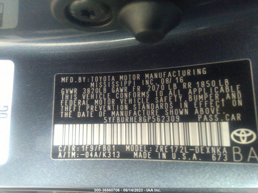 2016 TOYOTA COROLLA L/LE/S/S PLUS/LE PLUS - 5YFBURHE8GP562309