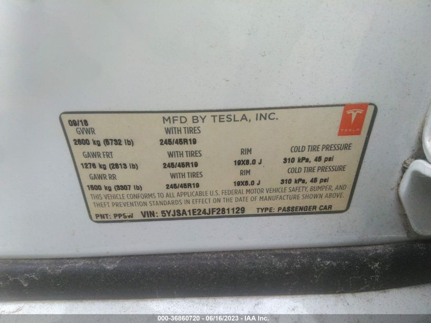 2018 TESLA MODEL S 75D/100D/P100D - 5YJSA1E24JF281129