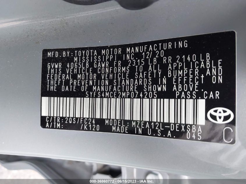 2021 TOYOTA COROLLA SE/NIGHT SHADE - 5YFS4MCE2MP074205