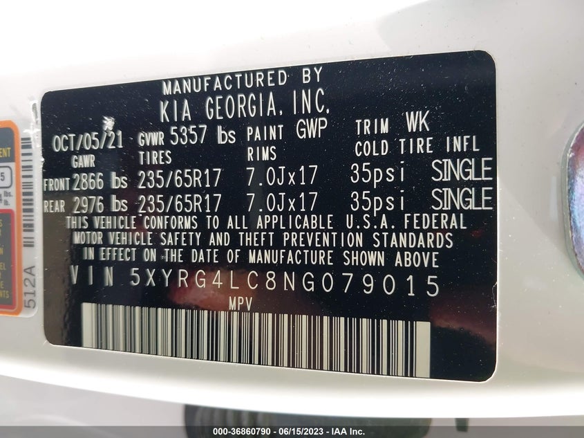 VIN 5XYRG4LC8NG079015 2022 KIA SORENTO LX