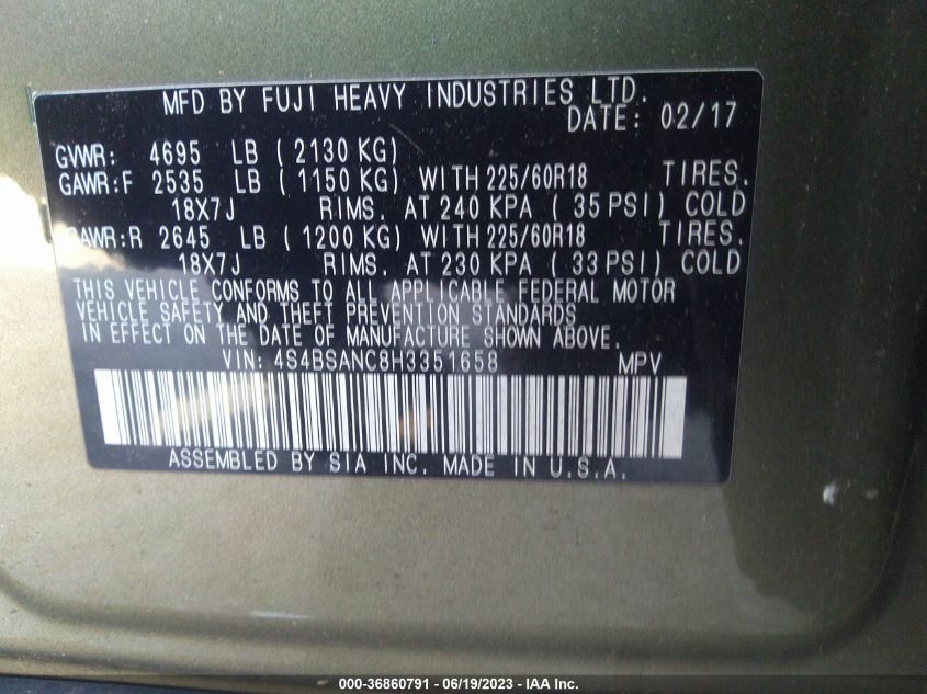 2017 SUBARU OUTBACK LIMITED - 4S4BSANC8H3351658
