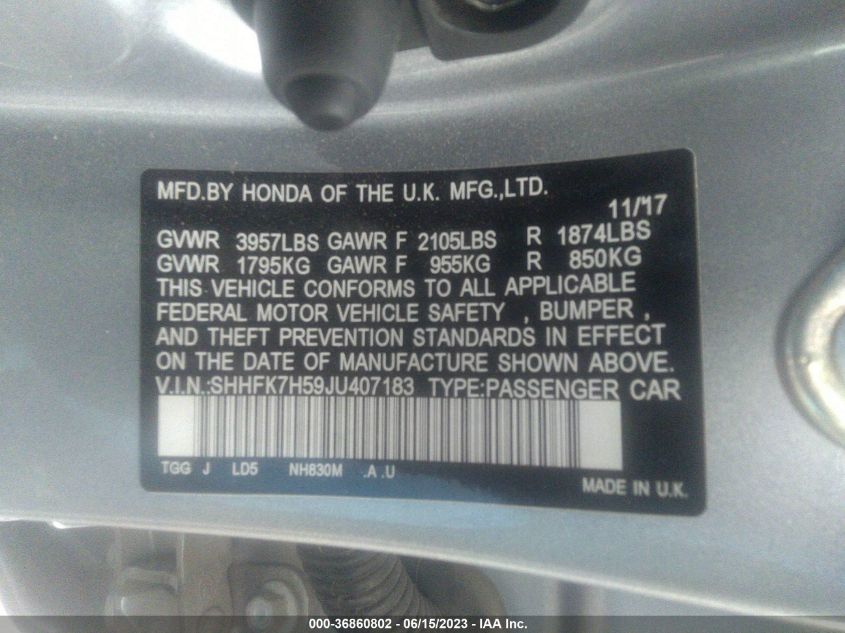 2018 HONDA CIVIC HATCHBACK EX - SHHFK7H59JU407183