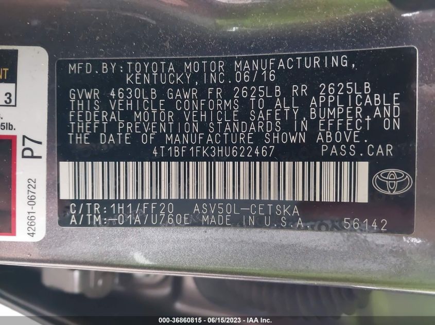 2017 TOYOTA CAMRY XLE/SE/LE/XSE - 4T1BF1FK3HU622467