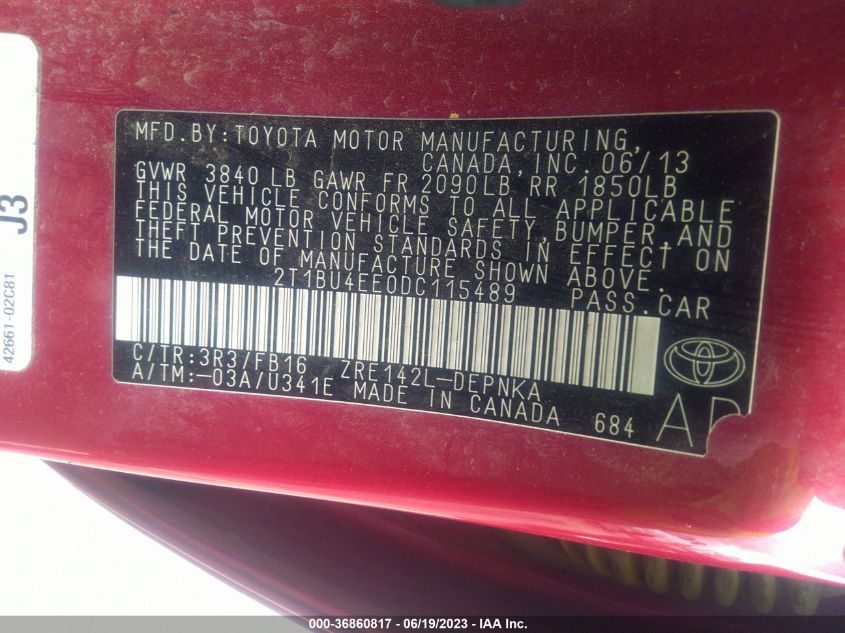 2013 TOYOTA COROLLA L/LE/S - 2T1BU4EE0DC115489