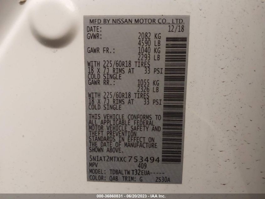 2019 NISSAN ROGUE SV - 5N1AT2MTXKC753494