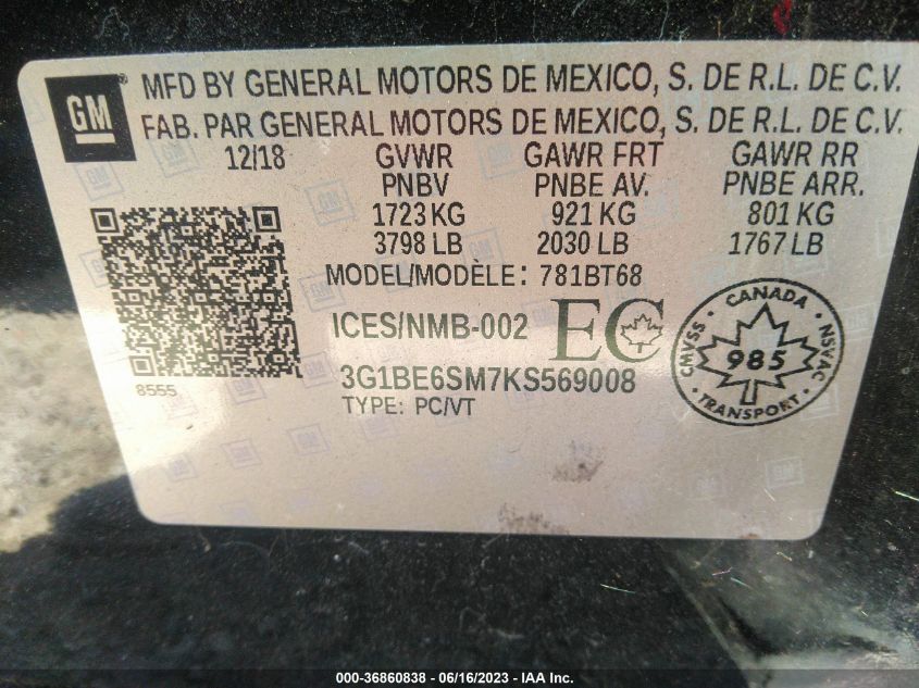 2019 CHEVROLET CRUZE LT - 3G1BE6SM7KS569008