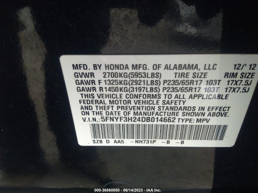 2013 HONDA PILOT LX - 5FNYF3H24DB014662