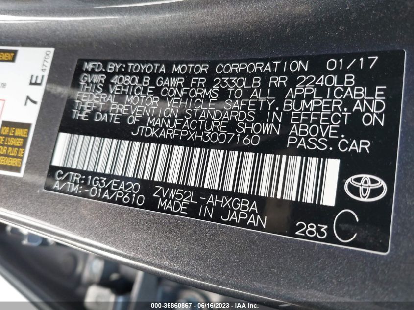 2017 TOYOTA PRIUS PRIME PLUS/PREMIUM/ADVANCED - JTDKARFPXH3007160