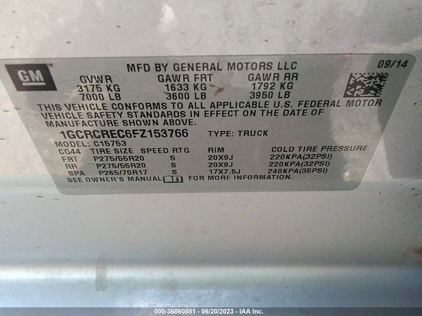 2015 CHEVROLET SILVERADO 1500 LT - 1GCRCREC6FZ153766