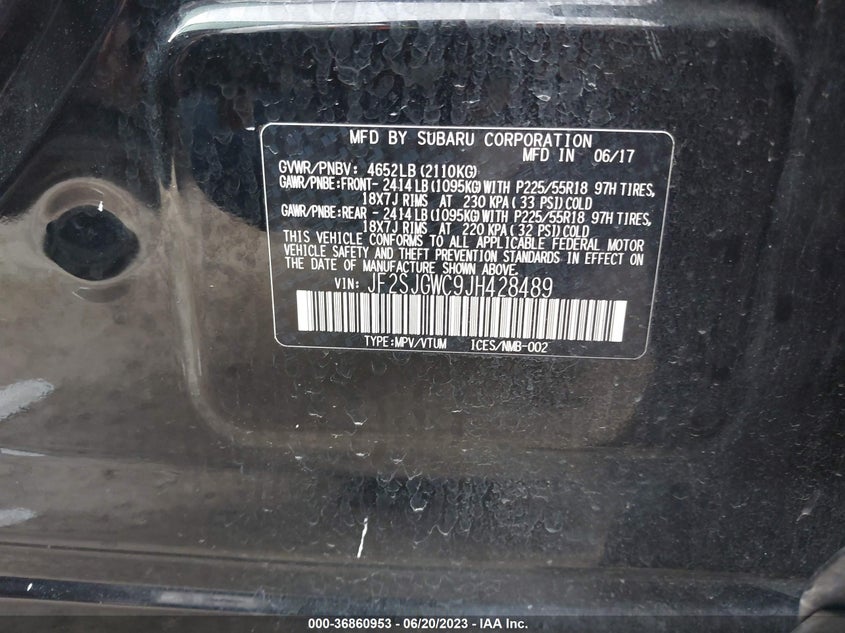 VIN JF2SJGWC9JH428489 2018 SUBARU FORESTER TOURING