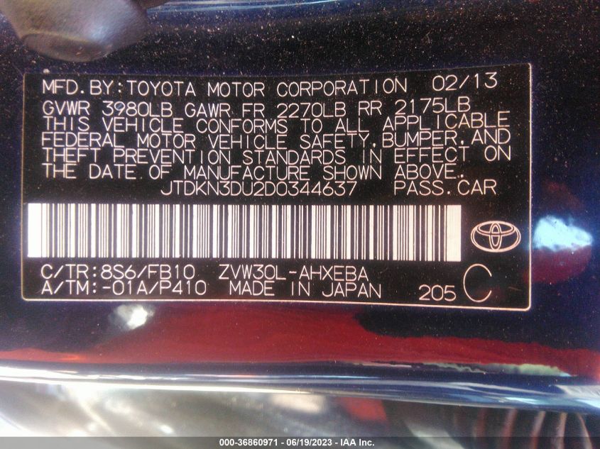 2013 TOYOTA PRIUS ONE/TWO/THREE/FOUR/FIVE - JTDKN3DU2D0344637