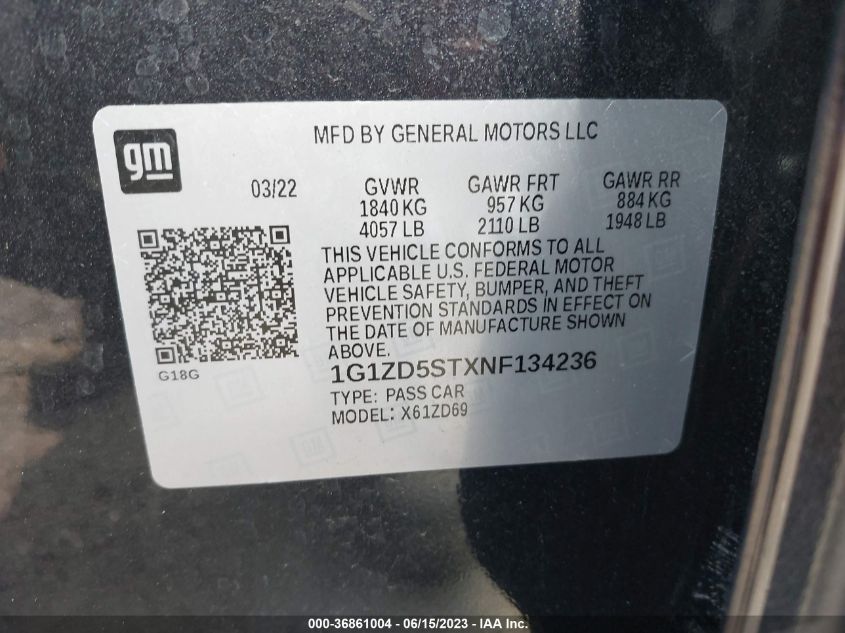 2022 CHEVROLET MALIBU LT - 1G1ZD5STXNF134236