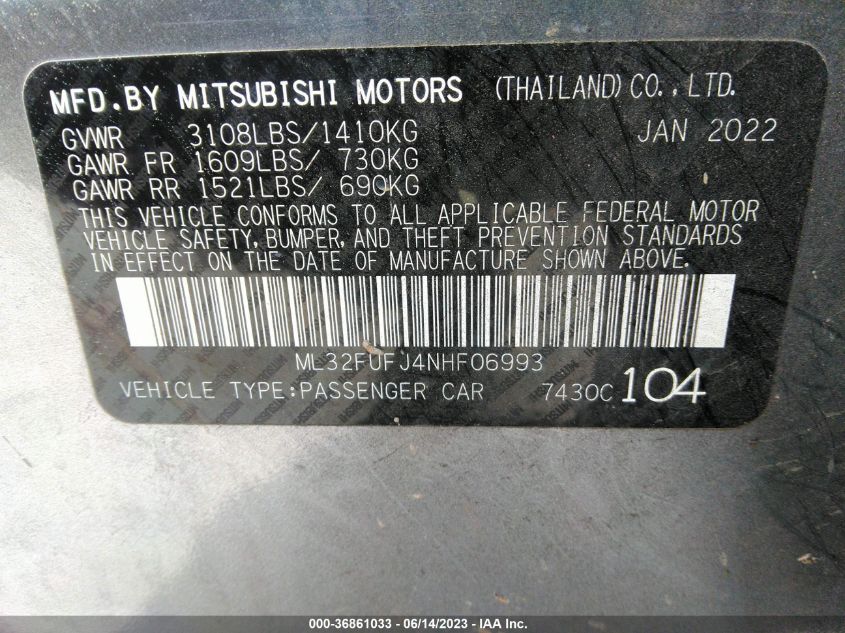 2022 MITSUBISHI MIRAGE G4 ES/LE/BLACK EDITION - ML32FUFJ4NHF06993