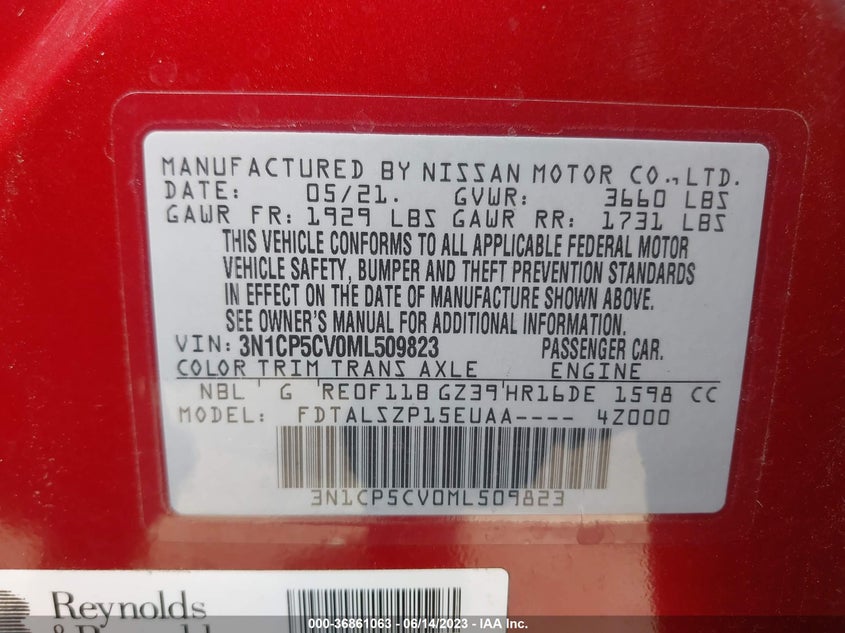 VIN 3N1CP5CV0ML509823 2021 NISSAN KICKS SV