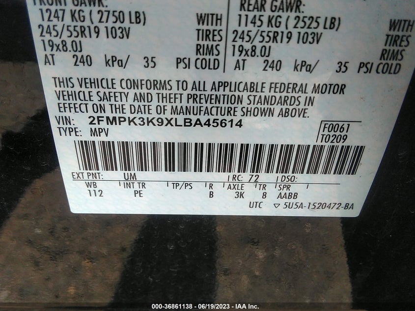 VIN 2FMPK3K9XLBA45614 2020 FORD EDGE TITANIUM