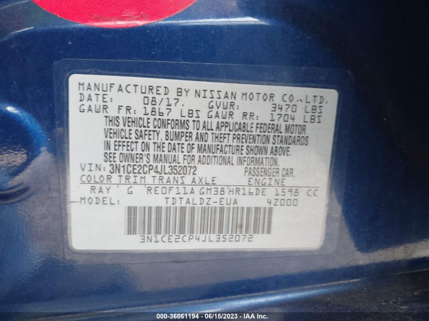2018 NISSAN VERSA NOTE S/SR/SV - 3N1CE2CP4JL352072