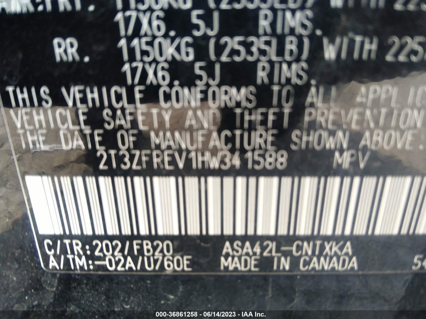 VIN 2T3ZFREV1HW341588 2017 TOYOTA RAV4 LE