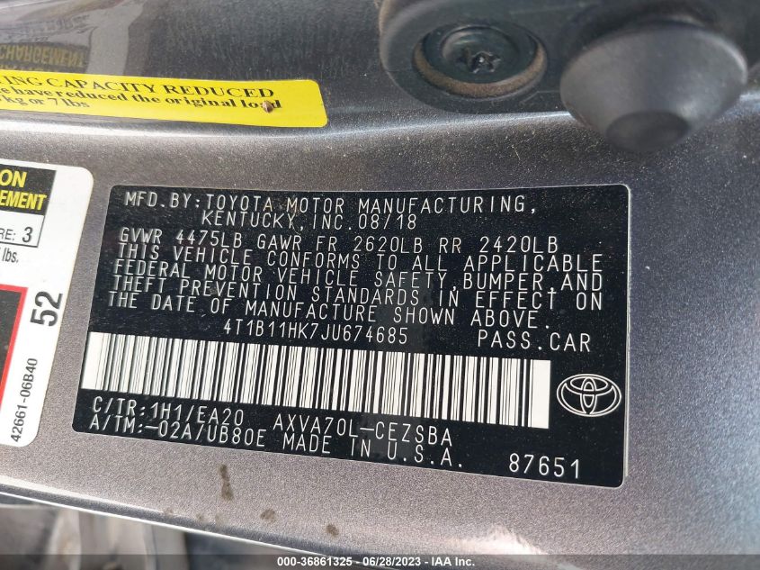 2018 TOYOTA CAMRY LE/SE/XLE/L - 4T1B11HK7JU674685