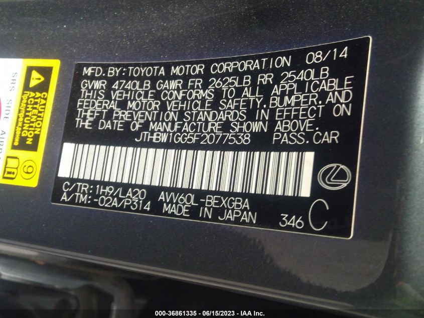 2015 LEXUS ES 300H HYBRID JTHBW1GG5F2077538