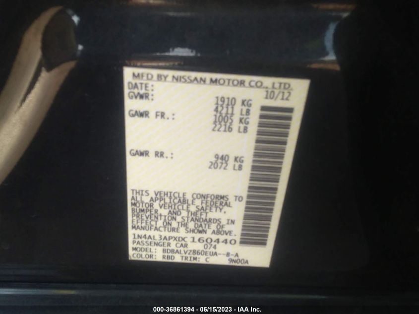 2013 NISSAN ALTIMA 2.5/S/SV/SL - 1N4AL3APXDC160440