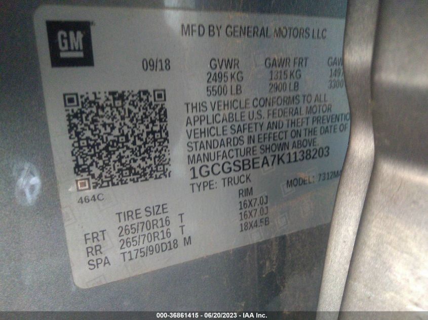 2019 CHEVROLET COLORADO - 1GCGSBEA7K1138203