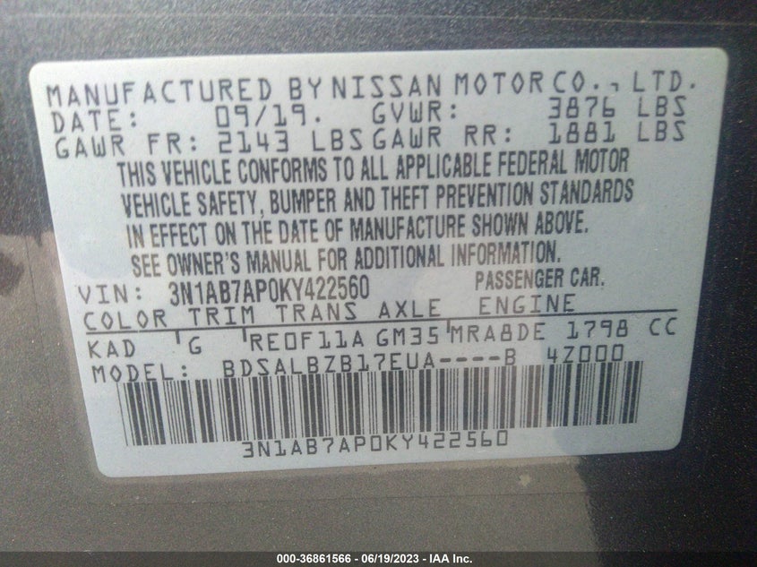 VIN 3N1AB7AP0KY422560 2019 NISSAN SENTRA S