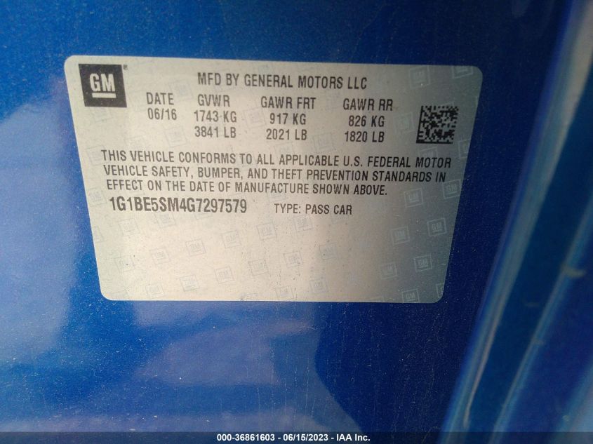 2016 CHEVROLET CRUZE LT - 1G1BE5SM4G7297579