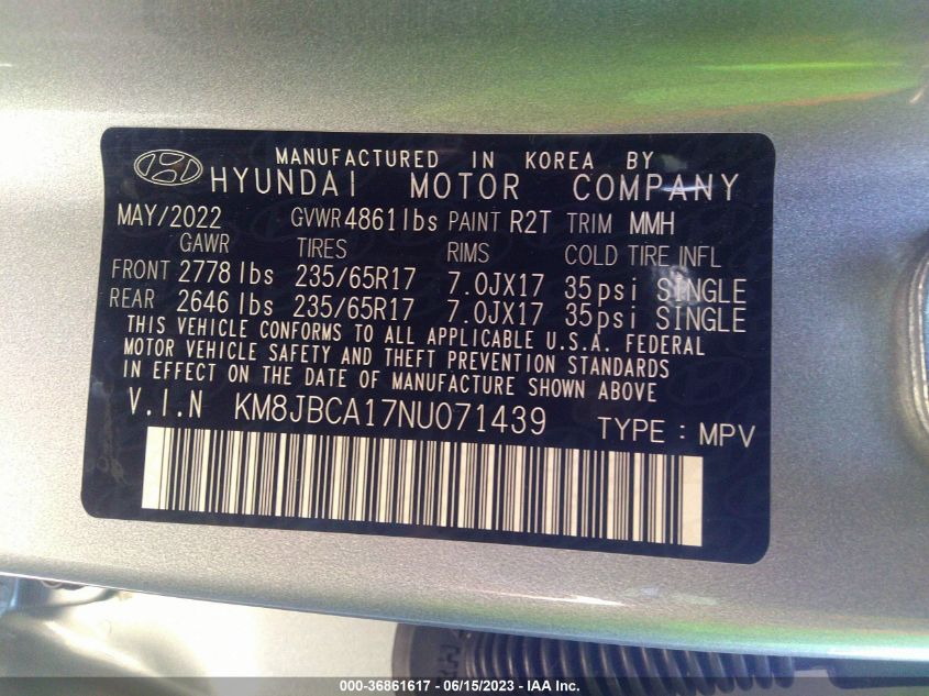 2022 HYUNDAI TUCSON HYBRID BLUE - KM8JBCA17NU071439