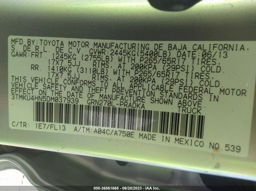 2013 TOYOTA TACOMA PRERUNNER - 3TMKU4HN5DM037939