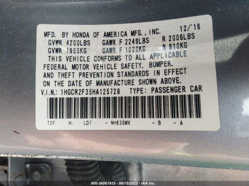 2017 HONDA ACCORD SEDAN LX - 1HGCR2F35HA125728