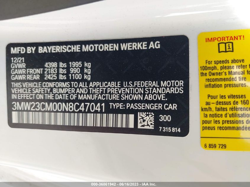 2022 BMW 2 SERIES 230I - 3MW23CM00N8C47041